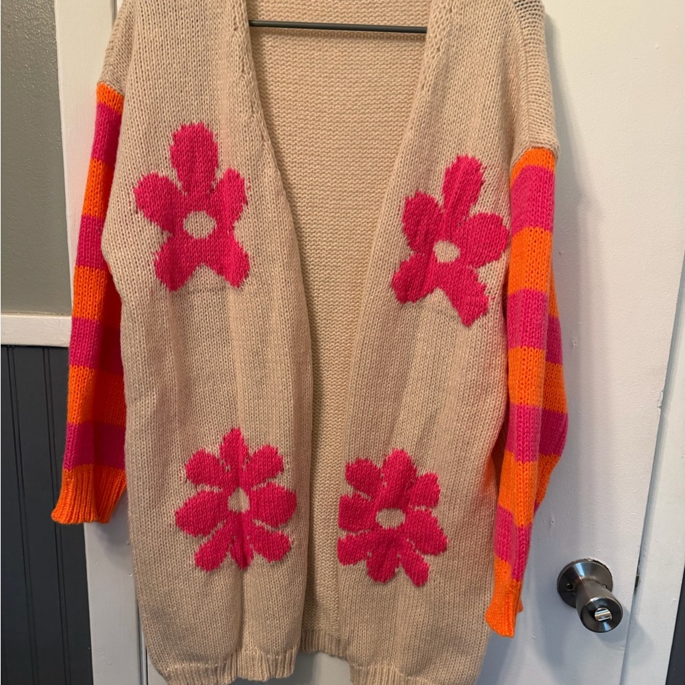 SHEIN Beige Cardigan with Pink and Orange Floral Design
